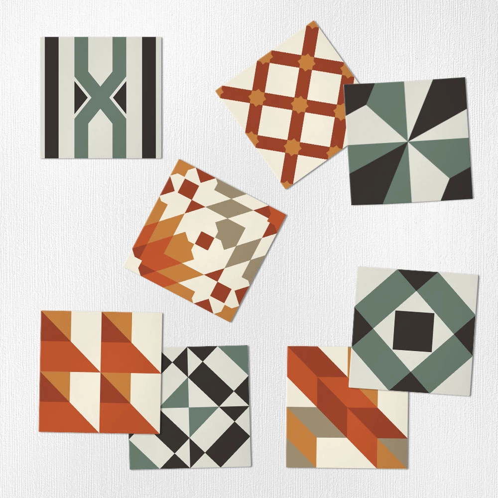 Αυτοκόλλητα Πλακάκια OLIVE AND ORANGE GEOMETRIC SET 8 τμχ
