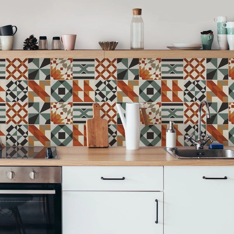 Αυτοκόλλητα Πλακάκια OLIVE AND ORANGE GEOMETRIC SET 8 τμχ