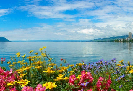 Πίνακας Πανοραμικός σε καμβά MONTREUX AND LAKE GENEVA - Λιμνες - Ποταμια Sticky 4