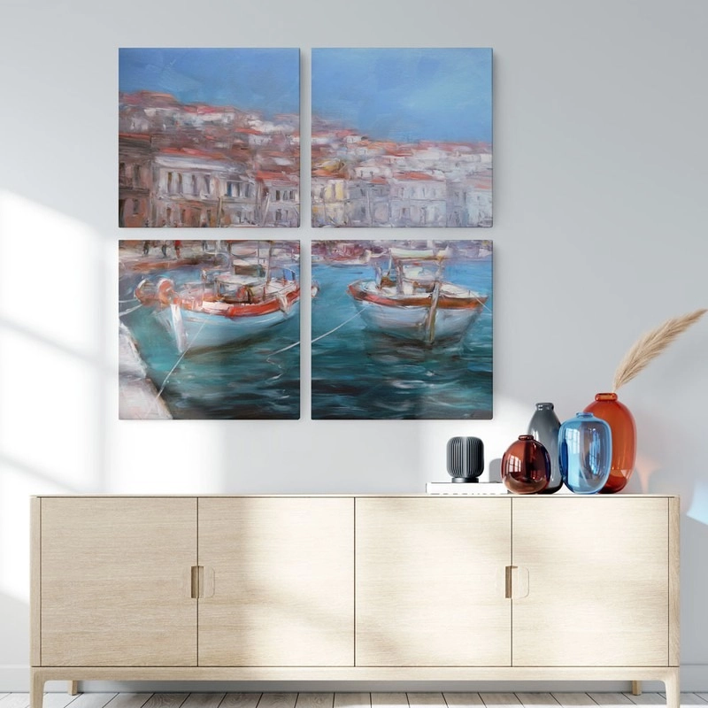 Τετράπτυχο σετ τετράγωνοι πίνακες BOATS IN HARBOR