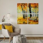 Τετράπτυχο σετ τετράγωνοι πίνακες OIL PAINTING FOREST BENCH