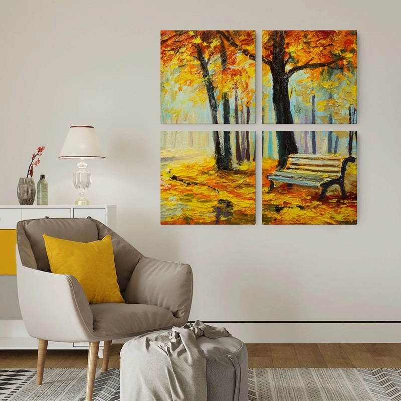 Τετράπτυχο σετ τετράγωνοι πίνακες OIL PAINTING FOREST BENCH