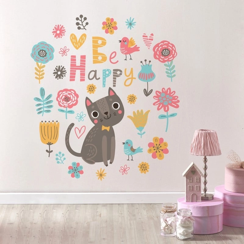 Aυτοκόλλητο τοίχου FLORAL WITH CAT AND BIRDS