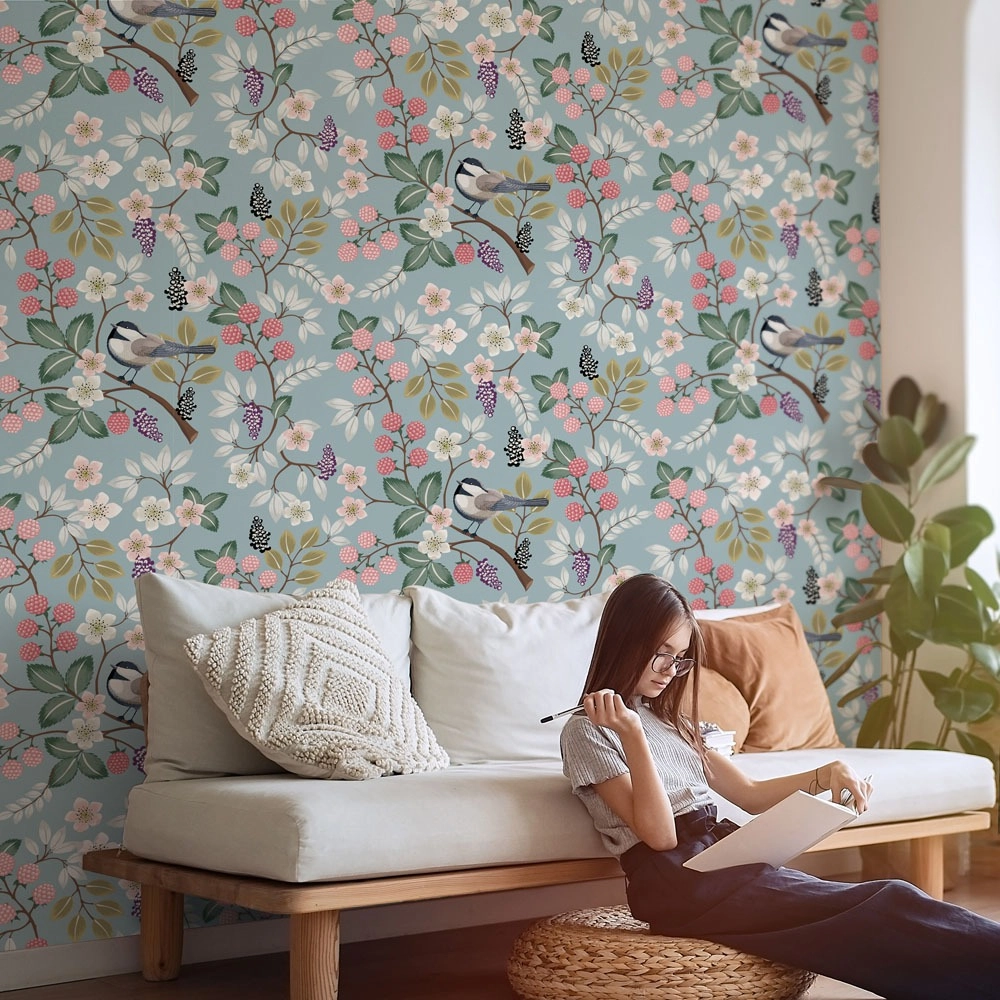 Αυτοκόλλητη Ταπετσαρία τοίχου FLORAL PATTERN WITH CUTE BIRDS