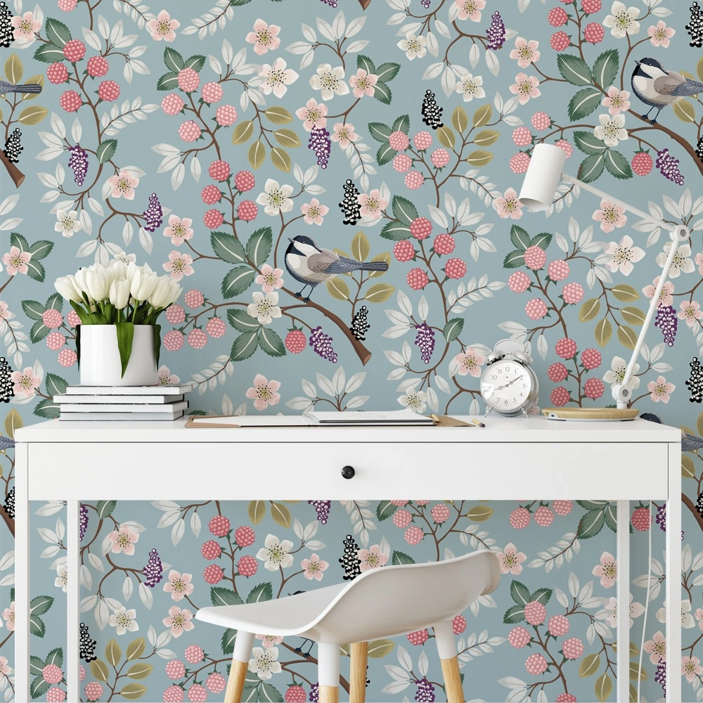 Αυτοκόλλητη Ταπετσαρία τοίχου FLORAL PATTERN WITH CUTE BIRDS