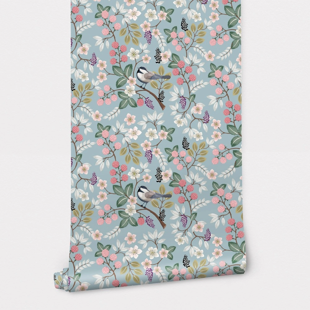 Αυτοκόλλητη Ταπετσαρία τοίχου FLORAL PATTERN WITH CUTE BIRDS