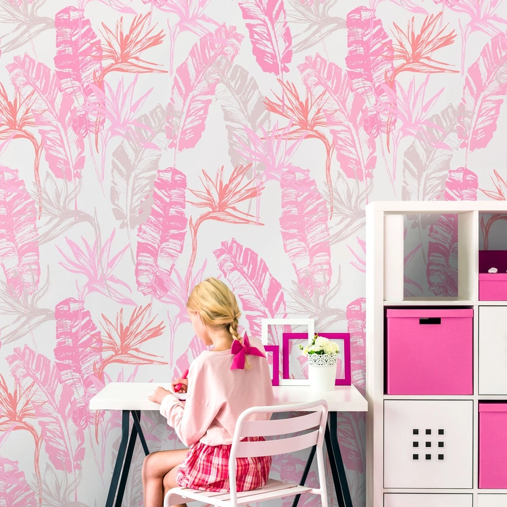 Αυτοκόλλητη Ταπετσαρία τοίχου PINK TROPICAL LEAVES