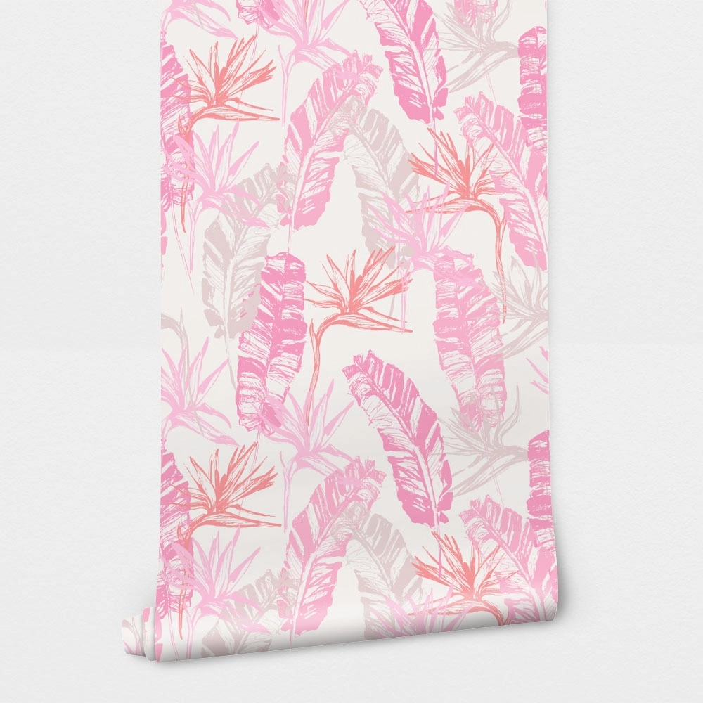 Αυτοκόλλητη Ταπετσαρία τοίχου PINK TROPICAL LEAVES