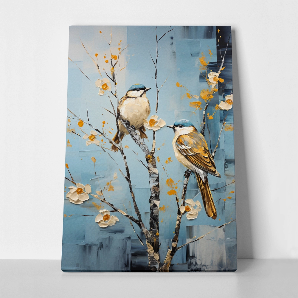 Πινακας σε καμβά TWO BIRDS ON A TREE WITH WHITE FLOWERS