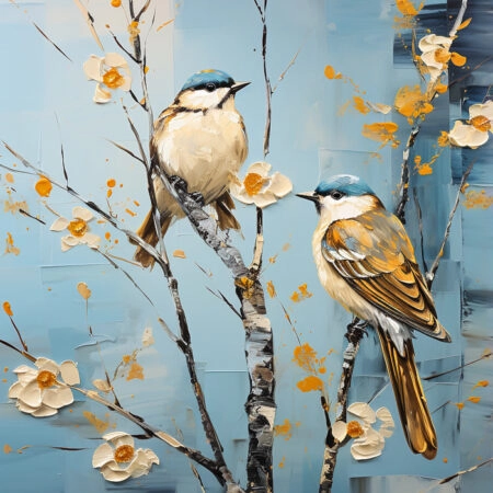 Πινακας σε καμβά TWO BIRDS ON A TREE WITH WHITE FLOWERS - Εργα Τεχνης Sticky 4