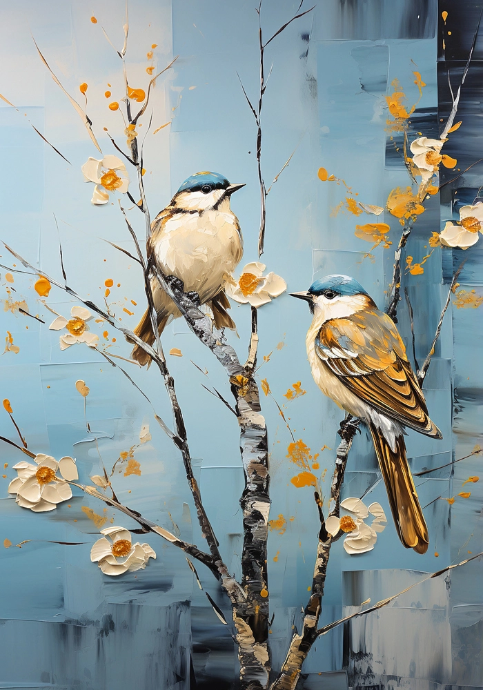 Πινακας σε καμβά TWO BIRDS ON A TREE WITH WHITE FLOWERS