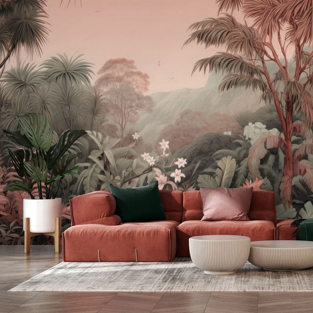 Αυτοκόλλητη Ταπετσαρία τοίχου VINTAGE PINK AND GREEN FOREST