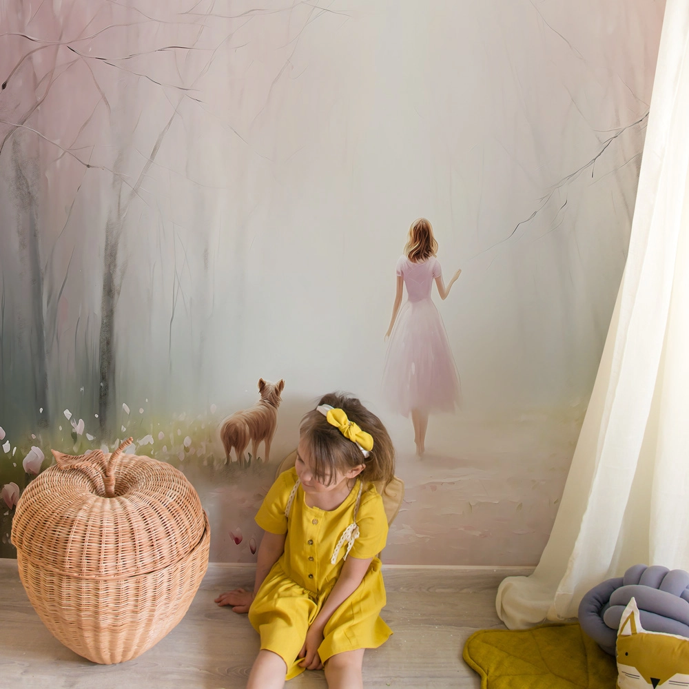 Αυτοκόλλητη Ταπετσαρία τοίχου GIRL AND DOG IN FOREST