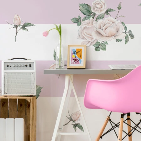 Αυτοκόλλητη Ταπετσαρία τοίχου PINK STRIPES AND WHITE ROSES - Floral - Λουλουδια Sticky 1