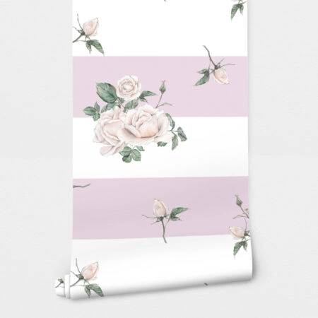 Αυτοκόλλητη Ταπετσαρία τοίχου PINK STRIPES AND WHITE ROSES - Floral - Λουλουδια Sticky 2