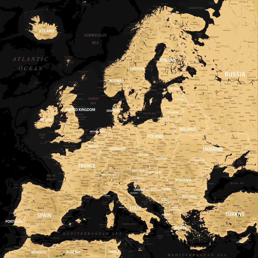 Πίνακας Τετράγωνος BLACK AND GOLD EUROPE MAP