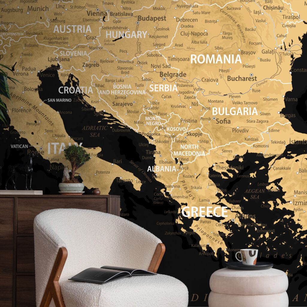 Αυτοκόλλητη Ταπετσαρία τοίχου BLACK AND GOLD EUROPE MAP