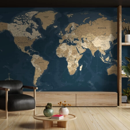 Αυτοκόλλητη Ταπετσαρία τοίχου BLUE AND BEIGE WORLD MAP