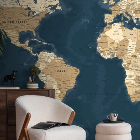 Αυτοκόλλητη Ταπετσαρία τοίχου BLUE AND BEIGE WORLD MAP - Χάρτες - Πόλεις Sticky 1