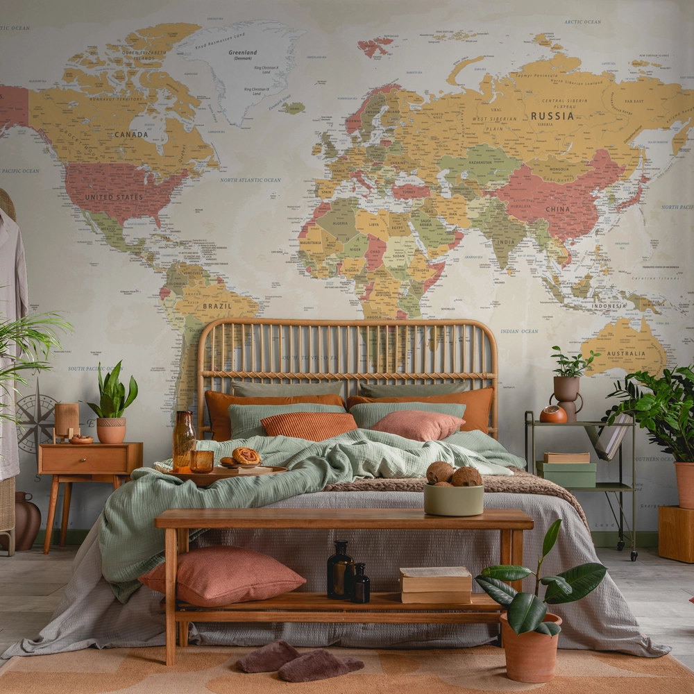Αυτοκόλλητη Ταπετσαρία τοίχου GREEN RED ORANGE WORLD MAP