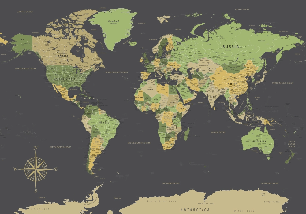 Πινακας σε καμβά GREEN YELLOW GOLD WORLD MAP