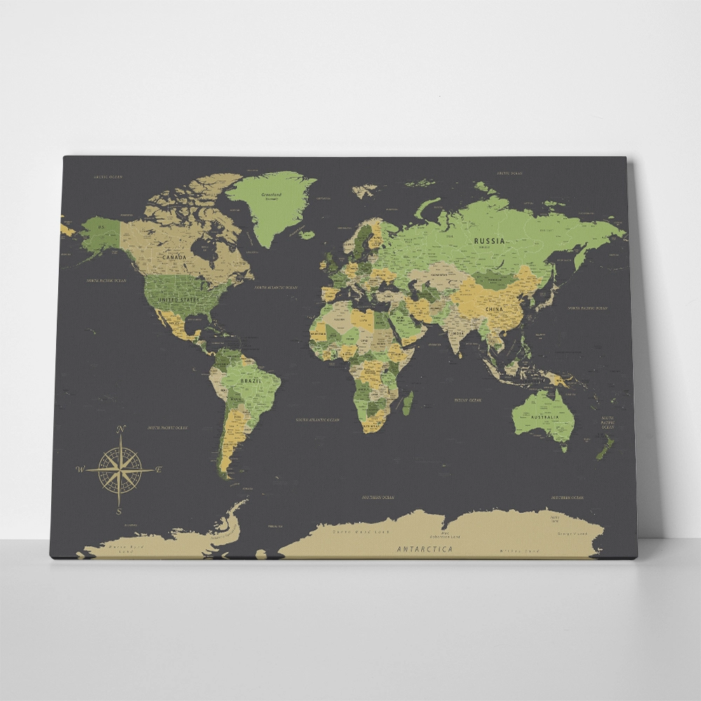 Πινακας σε καμβά GREEN YELLOW GOLD WORLD MAP