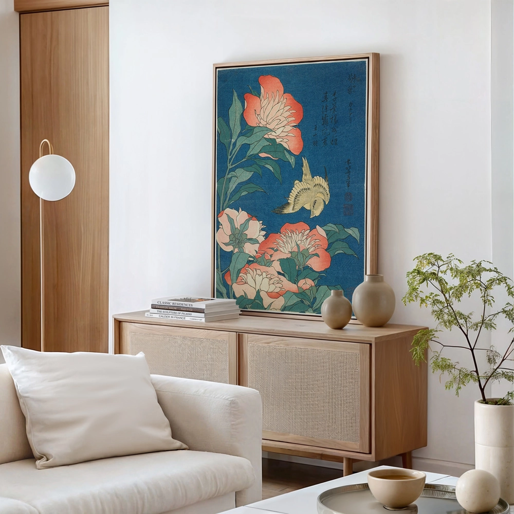 Πινακας σε καμβά HOKUSAI - PEONIES AND CANARY