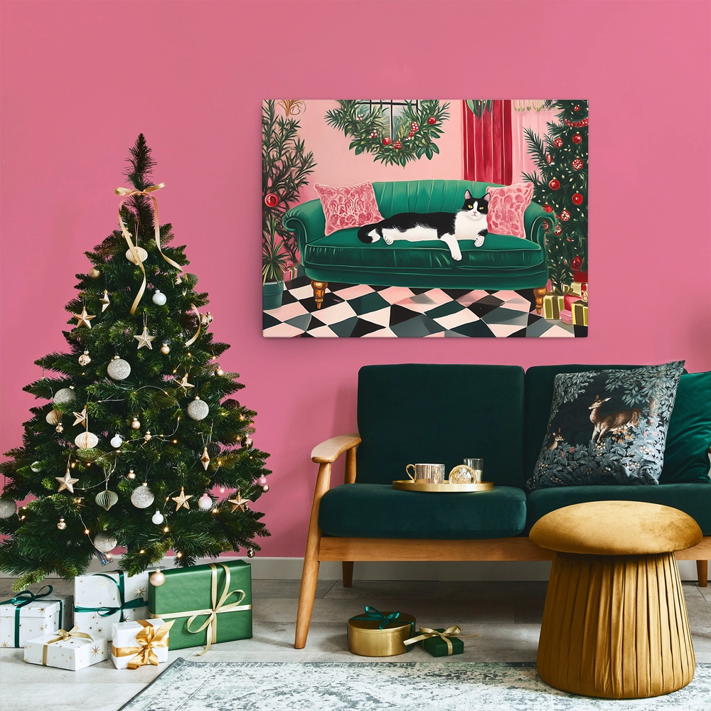 Πινακας σε καμβά PINK CHRISTMAS CAT SOFA