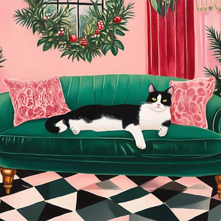 Πινακας σε καμβά PINK CHRISTMAS CAT SOFA - Χριστουγεννιάτικοι Πίνακες Sticky 5