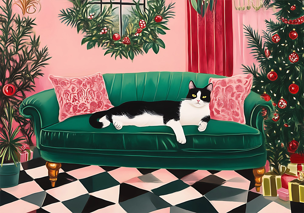 Πινακας σε καμβά PINK CHRISTMAS CAT SOFA