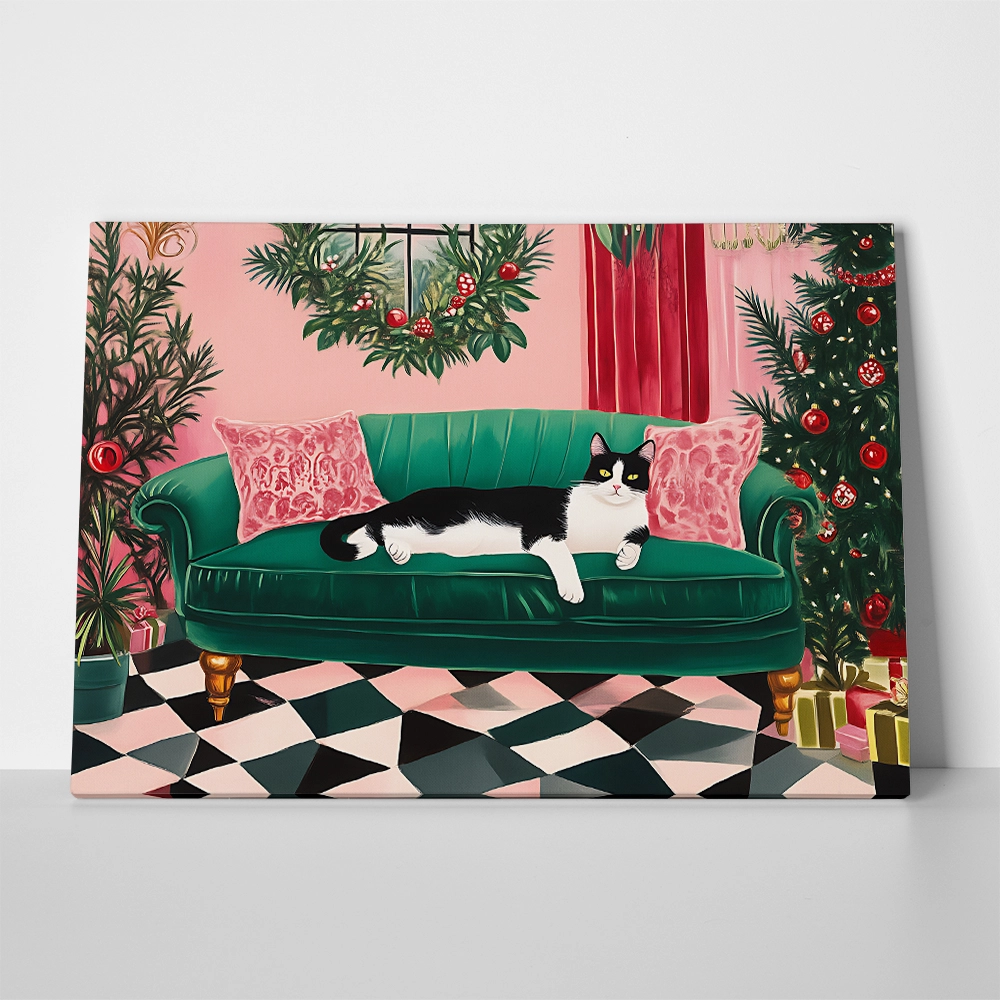Πινακας σε καμβά PINK CHRISTMAS CAT SOFA