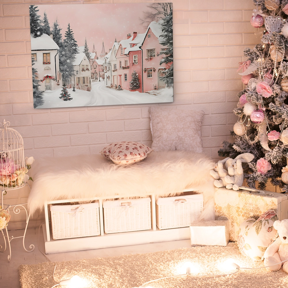 Πινακας σε καμβά PINK CHRISTMAS SNOWY ROOFS