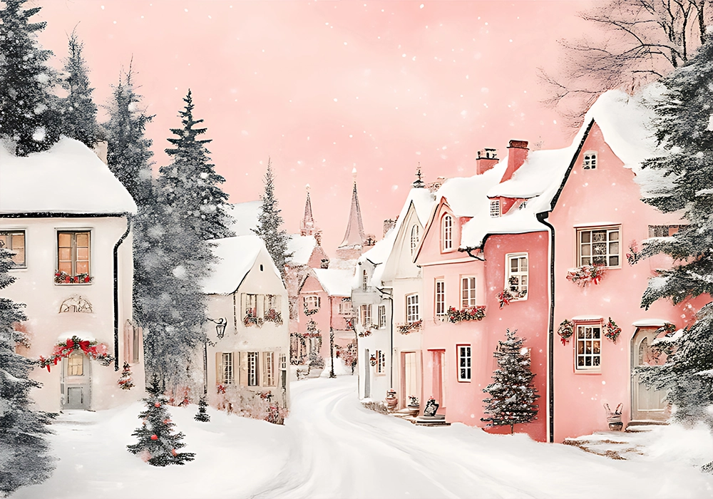 Πινακας σε καμβά PINK CHRISTMAS SNOWY ROOFS