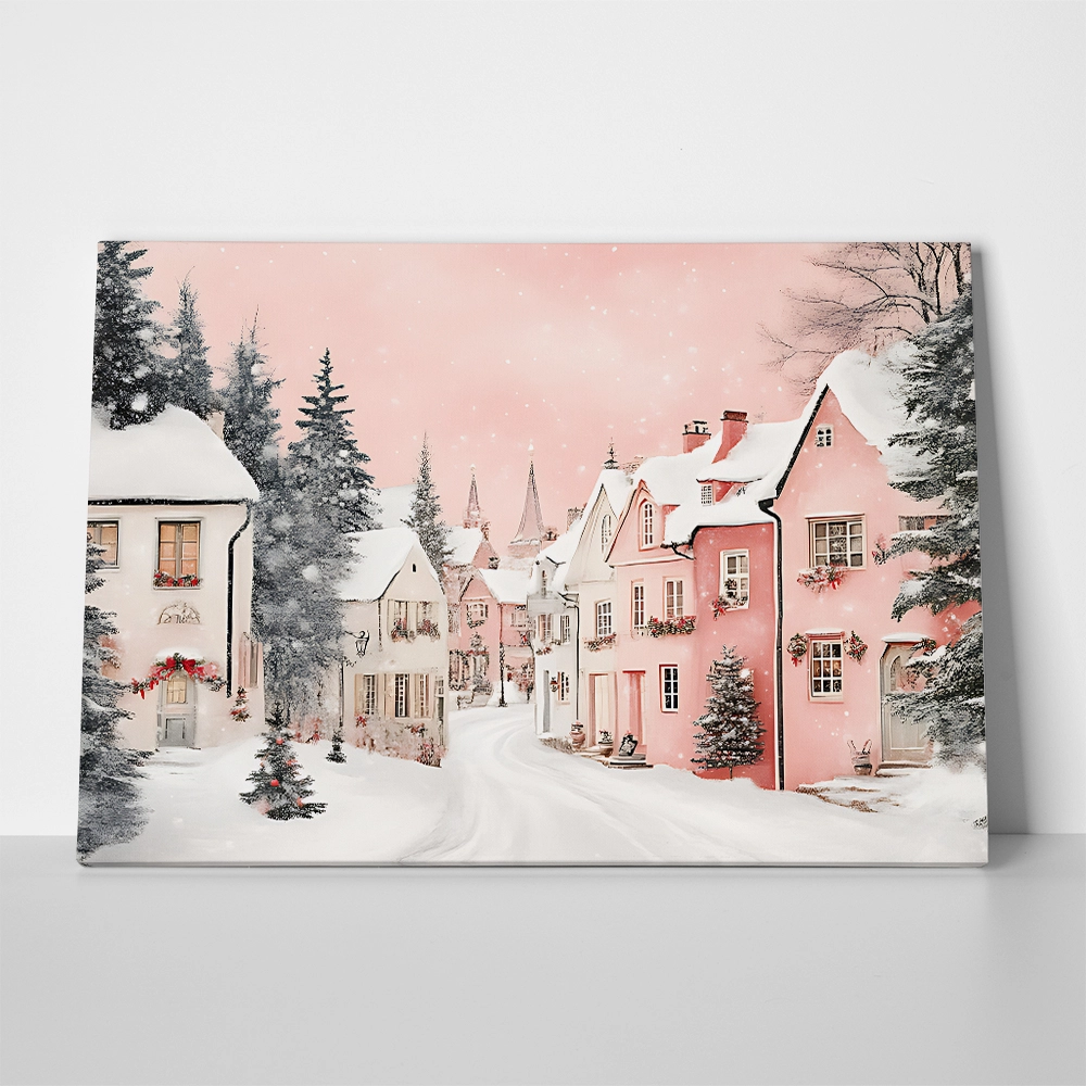 Πινακας σε καμβά PINK CHRISTMAS SNOWY ROOFS