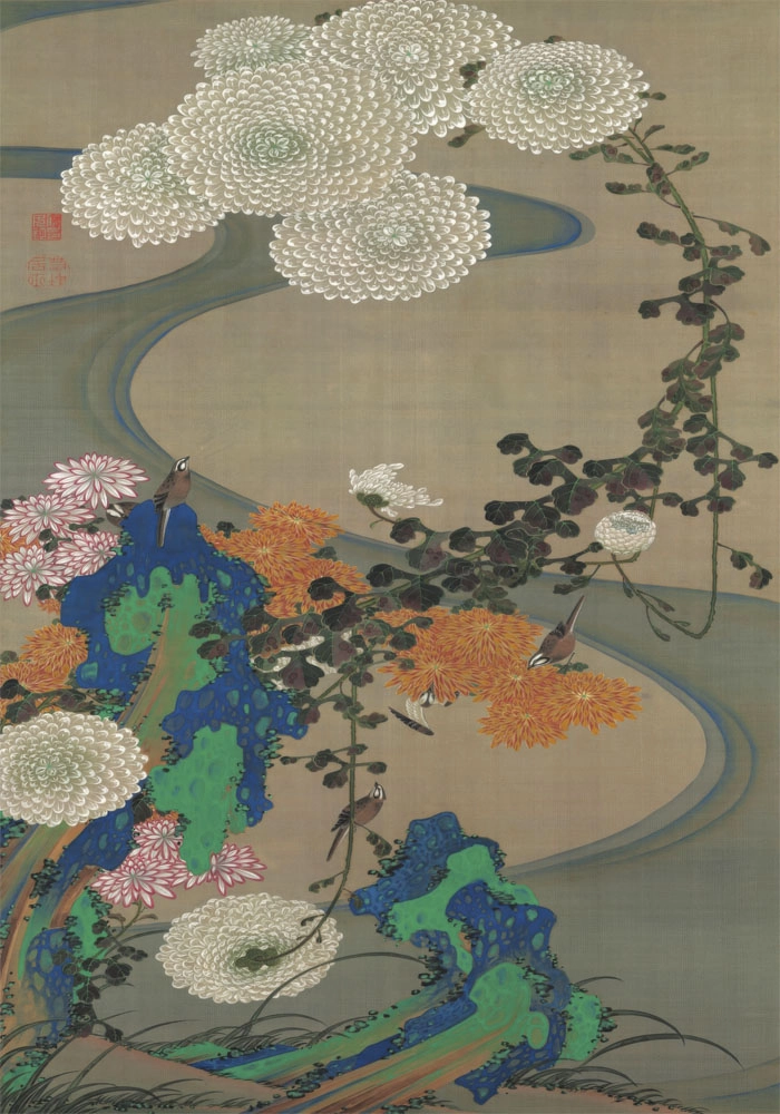 Πινακας σε καμβά JAKUCHU ITO - CHRYSANTHEMUMS BY A STREAM WITH ROCKS