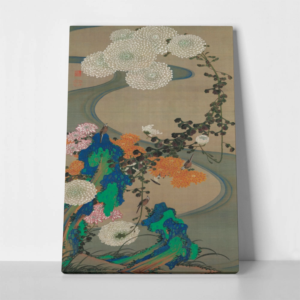 Πινακας σε καμβά JAKUCHU ITO - CHRYSANTHEMUMS BY A STREAM WITH ROCKS