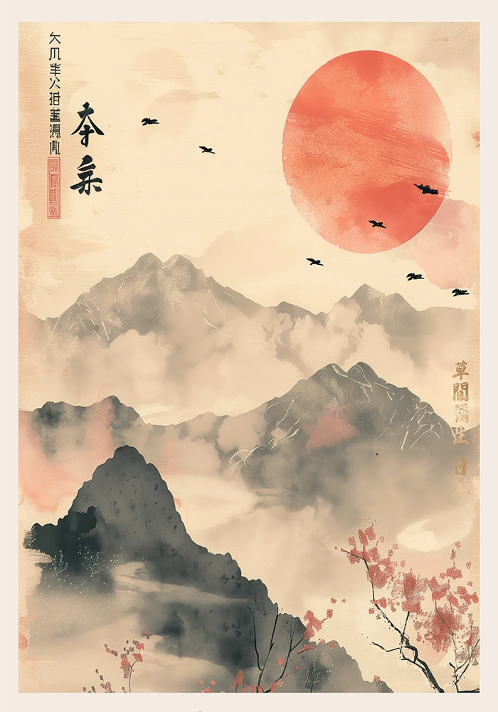 Πόστερ RED ASIAN SUN AND MOUNTAINS