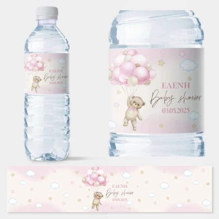 Αυτοκολλητη ετικέτα για μπουκαλι νερου WATERCOLOR TEDDY BEAR BALLOONS PINK