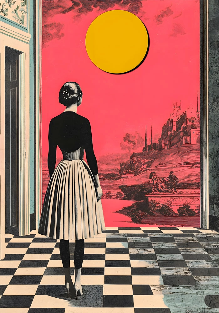 Πινακας σε καμβά WOMAN WITH ORANGE SUN RETRO DREAMSCAPE