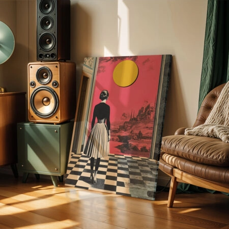 Πινακας σε καμβά WOMAN WITH ORANGE SUN RETRO DREAMSCAPE - Πινακες σε καμβα