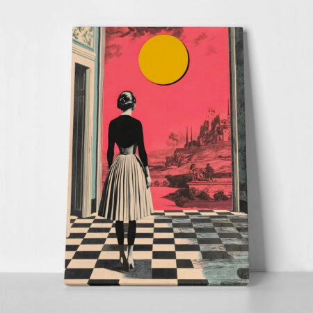 Πινακας σε καμβά WOMAN WITH ORANGE SUN RETRO DREAMSCAPE - Πινακες σε καμβα Sticky 1