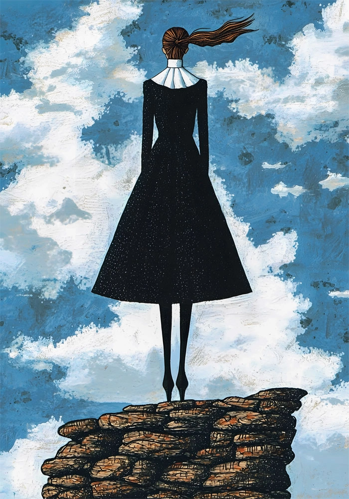 Πινακας σε καμβά BLACK DRESSED WOMAN ON TOP OF ROCKS RETRO DREAMSCAPE