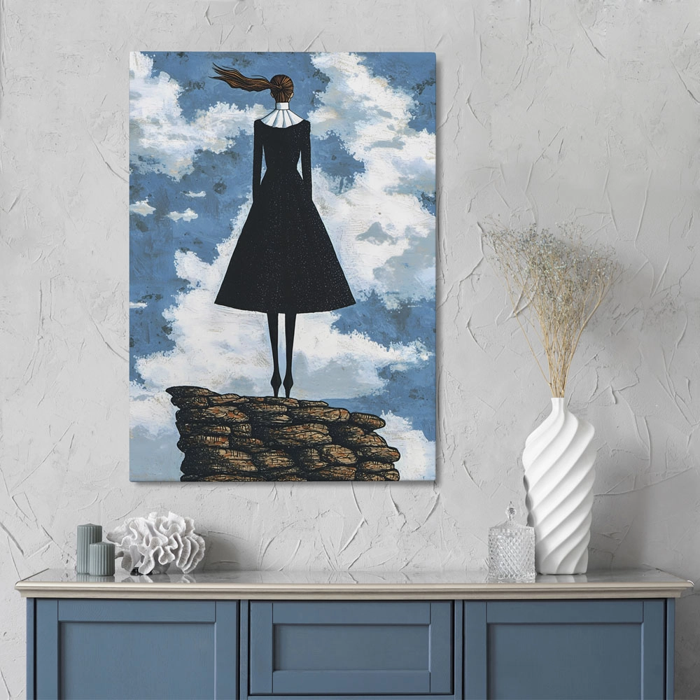 Πινακας σε καμβά BLACK DRESSED WOMAN ON TOP OF ROCKS RETRO DREAMSCAPE