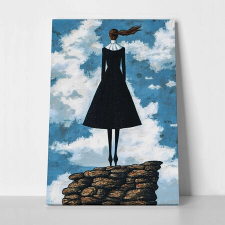 Πινακας σε καμβά BLACK DRESSED WOMAN ON TOP OF ROCKS RETRO DREAMSCAPE - Εργα Τεχνης Sticky 1