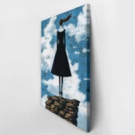 Πινακας σε καμβά BLACK DRESSED WOMAN ON TOP OF ROCKS RETRO DREAMSCAPE