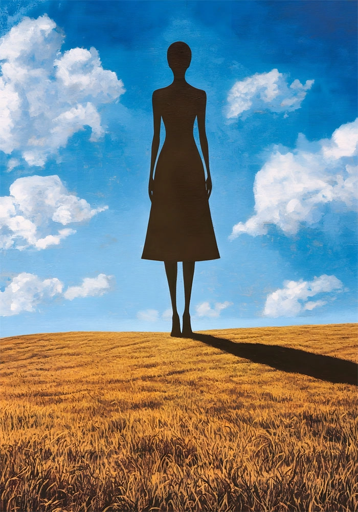 Πινακας σε καμβά BLACK FIGURE OF A WOMAN IN FIELD RETRO DREAMSCAPE