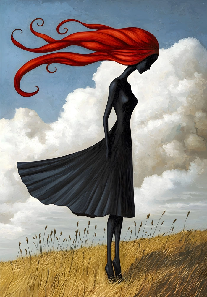 Πινακας σε καμβά BLACK FIGURE WITH RED HAIR RETRO DREAMSCAPE