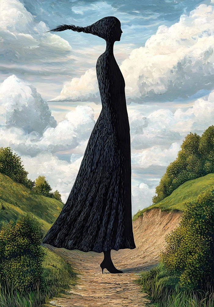 Πινακας σε καμβά BLACK FIGURED WOMAN ON PATH RETRO DREAMSCAPE