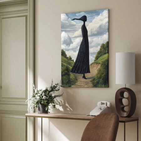 Πινακας σε καμβά BLACK FIGURED WOMAN ON PATH RETRO DREAMSCAPE