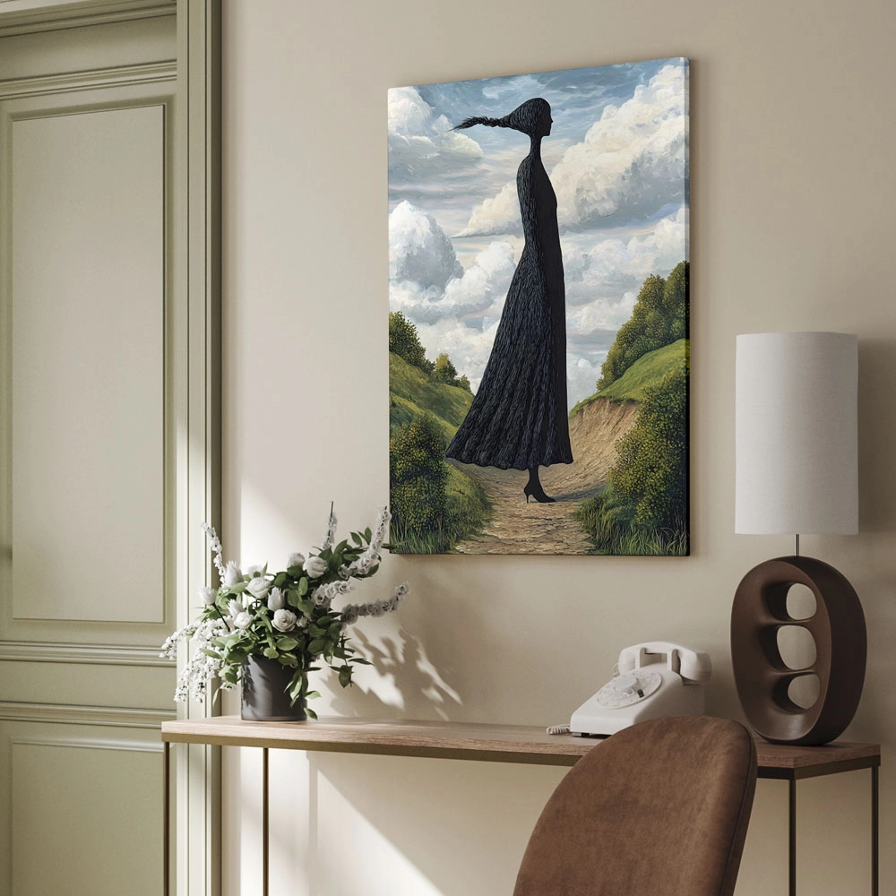 Πινακας σε καμβά BLACK FIGURED WOMAN ON PATH RETRO DREAMSCAPE
